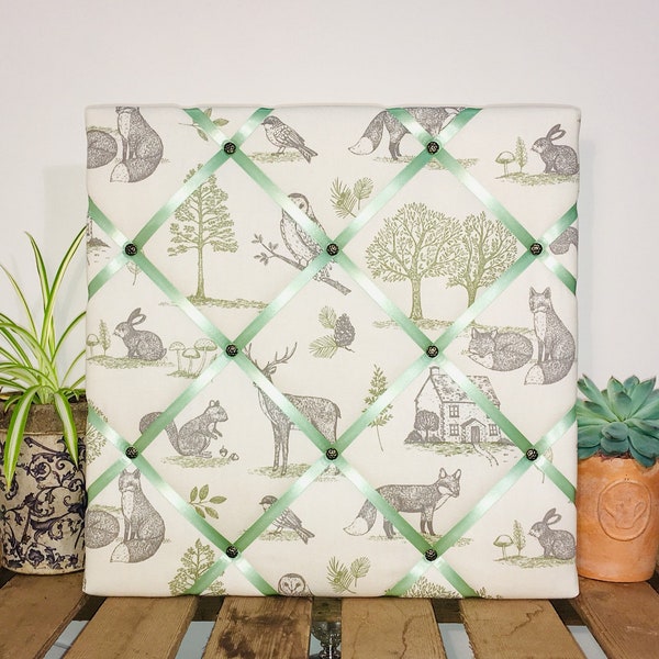 Woodland fabric noticeboard, memoboard, wedding table plan display, photo/picture board - New Forest - sage green ribbon - assorted sizes.