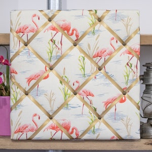 Flamingo fabric photo/picture board, noticeboard, wall organiser, memo board, wedding table plan display gold ribbon assorted sizes. image 1