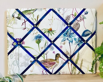 Wetland bird fabric notice board, memoboard, wall organiser, wall decor, photo/drawing display - blue ribbon - assorted sizes.