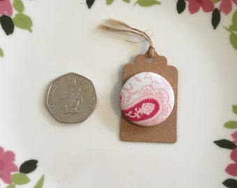 Tilda fabric paisley pin badge/brooch; in pink & blue.