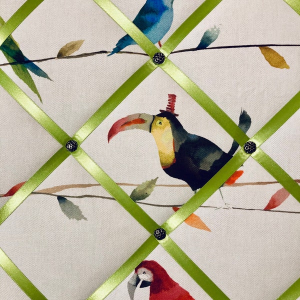 Exotic birds fabric notice board, memoboard, wall organiser, wall decor, photo/drawing display - gold or green ribbon - assorted sizes.