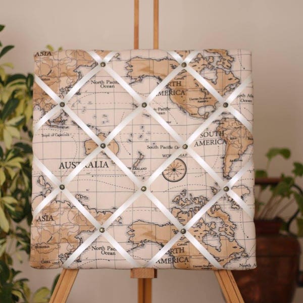 Atlas fabric noticeboard, jewellery hanger, pin board, memo board, rosette display board - Fryetts world map - cream ribbon - assorted sizes