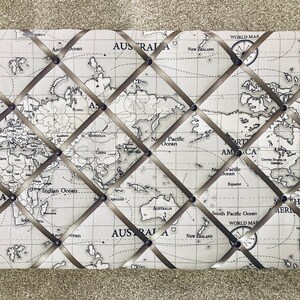 Atlas fabric notice board, jewellery hanger, pin board, memo board, rosette display board - Fryetts world map fabric - grey ribbon. image 3