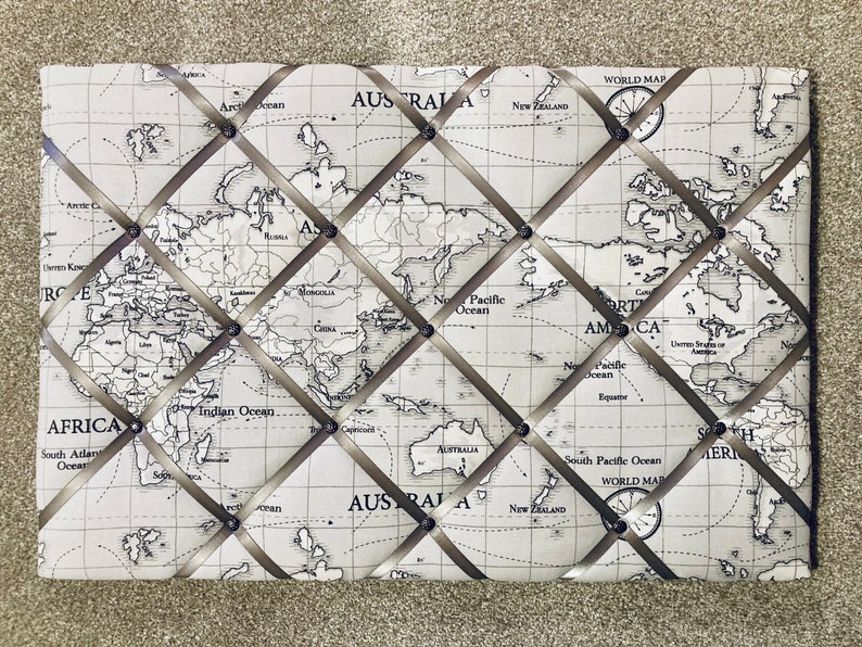 Atlas fabric notice board, jewellery hanger, pin board, memo board, rosette display board - Fryetts world map fabric - grey ribbon. image 3