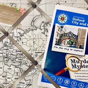 Atlas fabric notice board, jewellery hanger, pin board, memo board, rosette display board - Fryetts world map fabric - grey ribbon. image 2