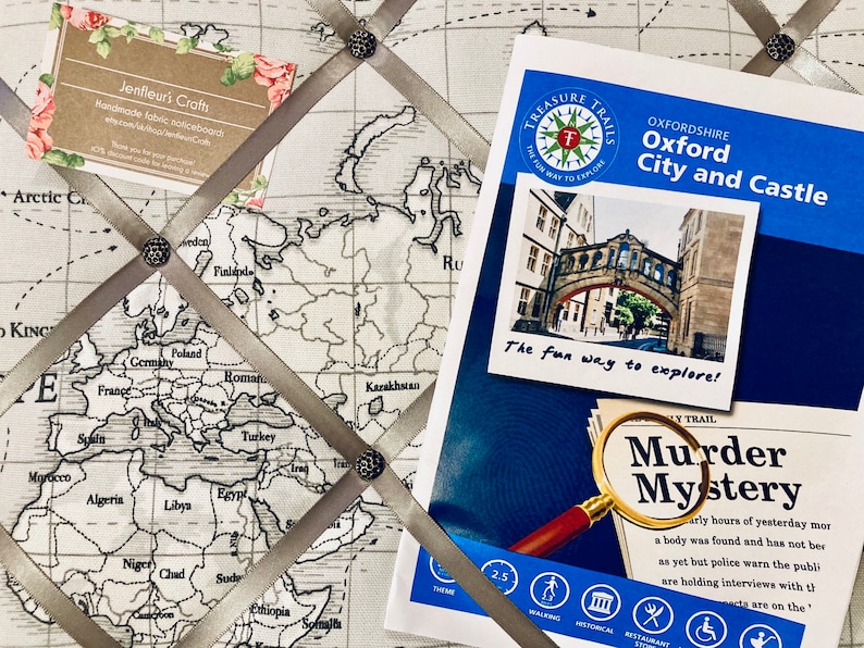 Atlas fabric notice board, jewellery hanger, pin board, memo board, rosette display board - Fryetts world map fabric - grey ribbon. image 2