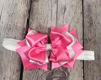 pink and white bow, pink hair bow, white hair bow, pink infant bow, white infant bow, pink and white headband, pink baby headband