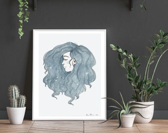 Celestial Moon Goddess | Watercolor Giclee Print | Fine Art Print | Galaxy Hair