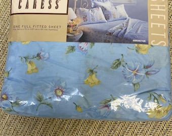 Vintage Caress Blue Arberetum Percale Full Fitted Sheet USA, Cottagecore NIP