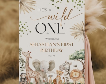 Wild One Boy 1st Birthday Welcome Sign Template - Jungle Safari Boy First Birthday Decor - Editable Digital Download 6030-1