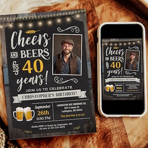 Cheers and Beers 40th Birthday Invitation with Photo - Editable Digital Download - CBBP