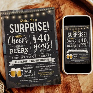 Surprise 40th Birthday Invitation - Cheers and Beers - Modern Rustic Brewery Birthday - CBBP