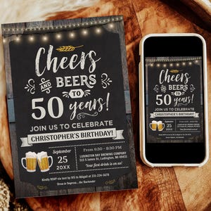 Cheers and Beers 50th Birthday Invitation - Rustic Chalkboard Wood - Editable Digital Download - CBBP