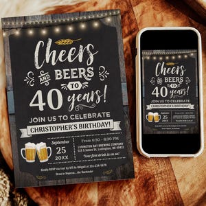 Cheers and Beers 40th Birthday Invitation - Rustic Chalkboard Wood - Editable Digital Download - CBBP