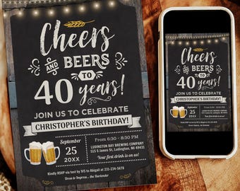 Einladung zum 40. Geburtstag mit Prost und Bier – Rustikale Kreidetafel-Holzoptik – Bearbeitbarer digitaler Download – CBBP