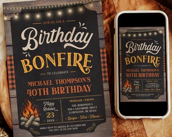Fall Bonfire Birthday Party Invitation - Rustic Backyard Campfire Invite - Outdoor Birthday Celebration - Editable Digital Download - B78