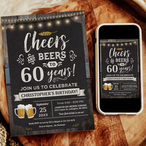 Cheers and Beers 60th Birthday Invitation - Rustic Chalkboard Wood - Editable Digital Download - CBBP
