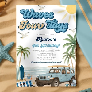 Surfing 4th Birthday Invitation - Waves for Days - Beach Birthday Invitation - Summer Beach 4th Birthday Invite - 5055-4