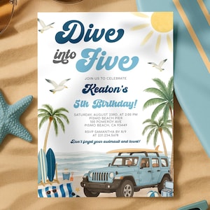 Surfing 5th Birthday Invitation - Dive into Five Beach Birthday Invitation - Summer Beach 5th Birthday Invite - 5055-5