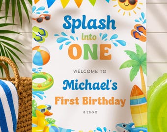 Splash into One Welcome Sign Template - Boy 1st Birthday - Summer First Birthday - Editable Templates - 5052-1
