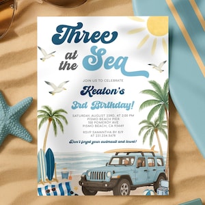 Faire-part de 3e anniversaire de surf - Trois sur la mer Faire-part d'anniversaire de plage - Invitation de 3e anniversaire de plage d'été - 5055-3