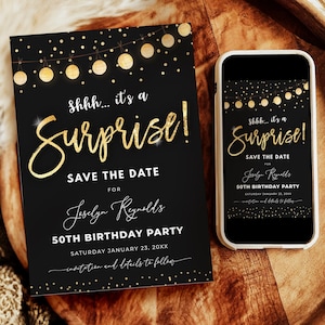 Surprise Birthday Party Save the Date Invitation Black and Gold Glitter Lights Editable Digital Download - B95
