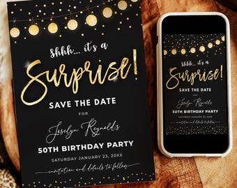 Surprise Birthday Party Save the Date Invitation Black and Gold Glitter Lights Editable Digital Download - B95