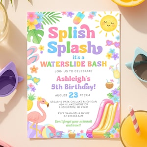 May include: A colorful invitation for a 5th birthday party with a water slide theme. The invitation features a pink flamingo, a yellow sun, a blue and yellow waterslide, and the text "Splish Splash it's a Waterslide Bash".