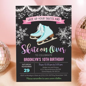 Invito di compleanno a tema pattinaggio sul ghiaccio - Invito per festa di compleanno a tema pattinaggio sul ghiaccio per bambine - Rosa e blu - Download digitale modificabile - BKISB