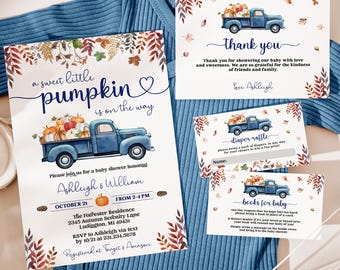 Editable Little Pumpkin Baby Shower Invitation Set - Blue Truck Autumn Fall Baby Shower - Rustic Boho - Printable Digital Download 0910