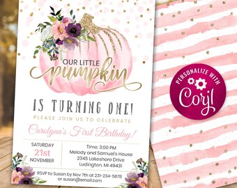Our Little Pumpkin is Turning One Any Age Fall Autumn Pink Floral First 1st Girl Birthday Party Invite Invitation Digital or Printed Cards