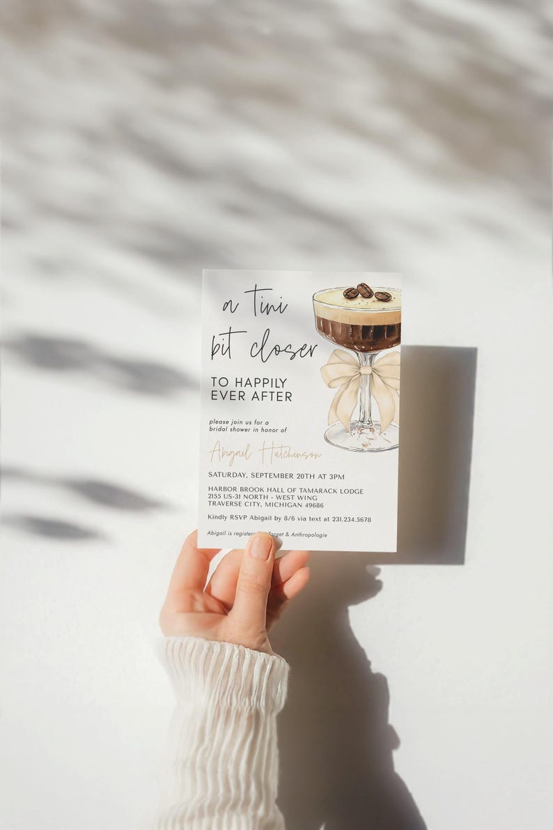 Bow Espresso Martini Bridal Shower Invitation - A Tini Bit Closer to Happily Ever After - Editable Digital Download 5009CE
