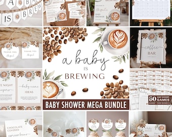 May include: A baby shower party printable bundle with a coffee theme. The bundle includes a variety of items, such as invitations, games, decorations, and signs. The design features a watercolor illustration of a coffee cup with coffee beans and greenery.