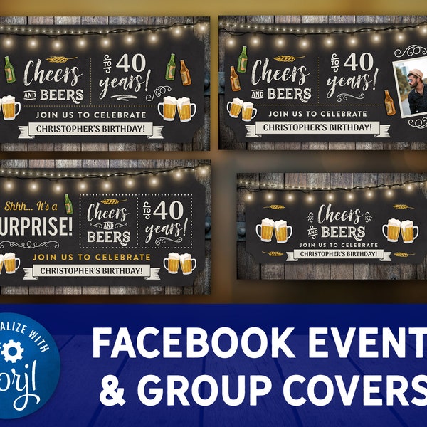 Cheers and Beers Surprise Birthday Party Facebook Event & Group Cover Photo Template - Digital INSTANT Download Editable Adult Mens CBBP