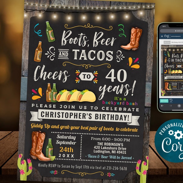 Any Age - Boots, Beer and Tacos Barbecue Birthday Party Invitation Chalkboard & Wood Digital INSTANT Download 5x7 Editable CBBP