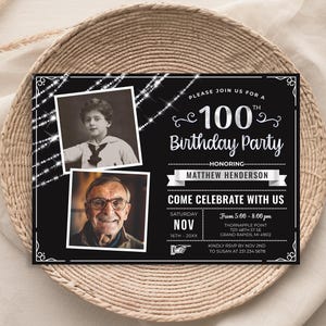 100th Birthday Invitation with 2 Photos - Black and Silver - Editable Digital Download 5x7 + 4x6 - B57 B57D