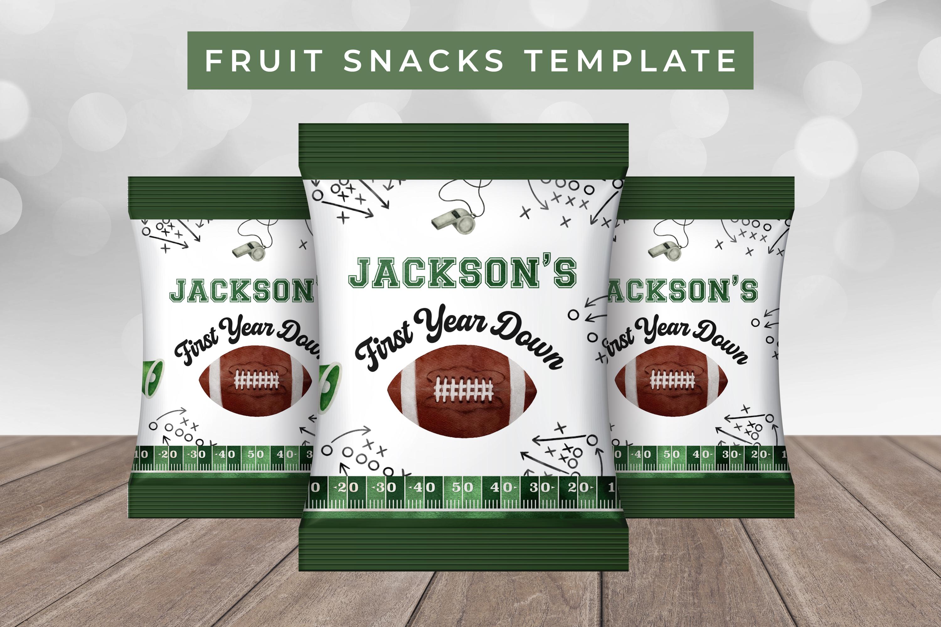 Snacks Rappers Design First Year Down Fruit Snacks Wrapper Label Template - Football Birthday ...