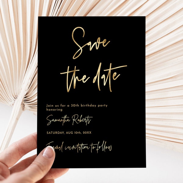 Editable Modern Save the Date Simple Invitation Template - Black and Gold - Digital Instant Download Editable B16X BP160