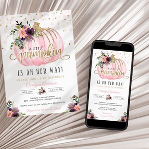 Editable Little Pumpkin Baby Shower Invitation - Pink & Gold Floral - Fall Baby Shower Invites - Autumn Fall - Digital Download BBS16