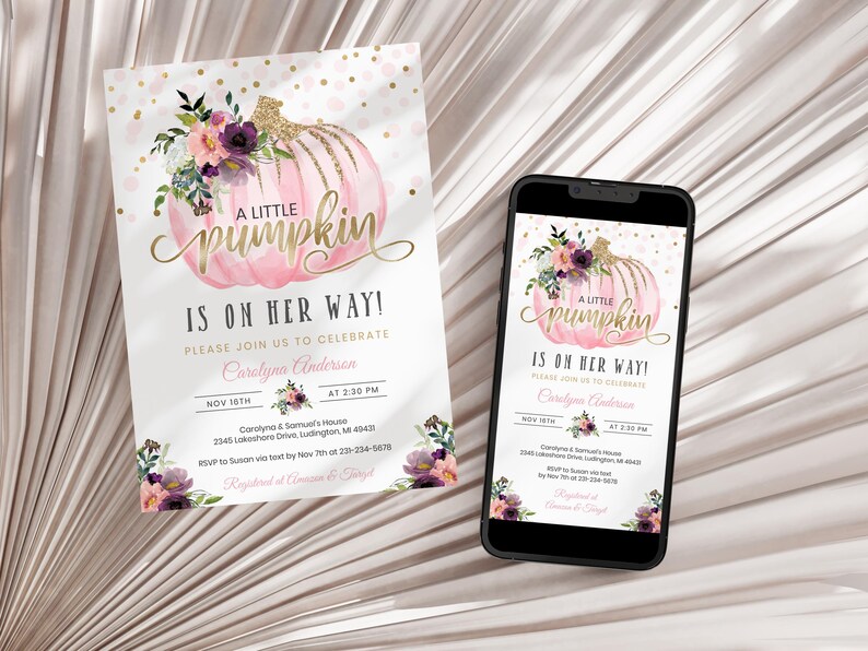 Editable Little Pumpkin Baby Shower Invitation - Pink & Gold Floral - Fall Baby Shower Invites - Autumn Fall - Digital Download BBS16