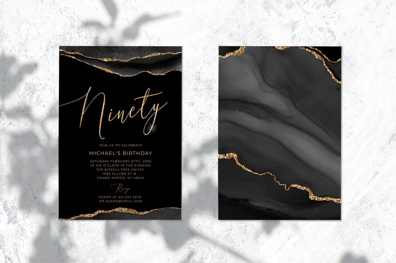 90th Birthday Invitation Template Black and Gold Birthday - Etsy