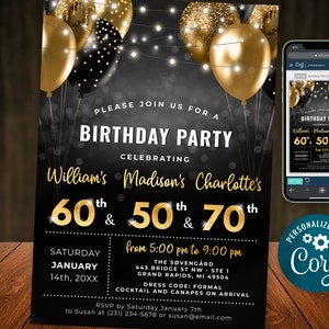 Triple Birthday Invitation Black Gold Glitter Sparkle Balloons Digital Instant Download 5x7 Printable Editable BPB BGB