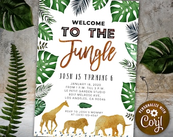 Safari Birthday Invitation - Jungle Birthday Party Invite - Jungle Safari Party - Gold Invitation - Digital INSTANT DOWNLOAD SBP