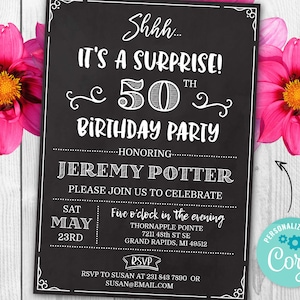 Surprise 50th Birthday Invitation FIFTY Invite Party Chalk Board Digital INSTANT DOWNLOAD 5x7 - Editable - adult fifty mens womans male