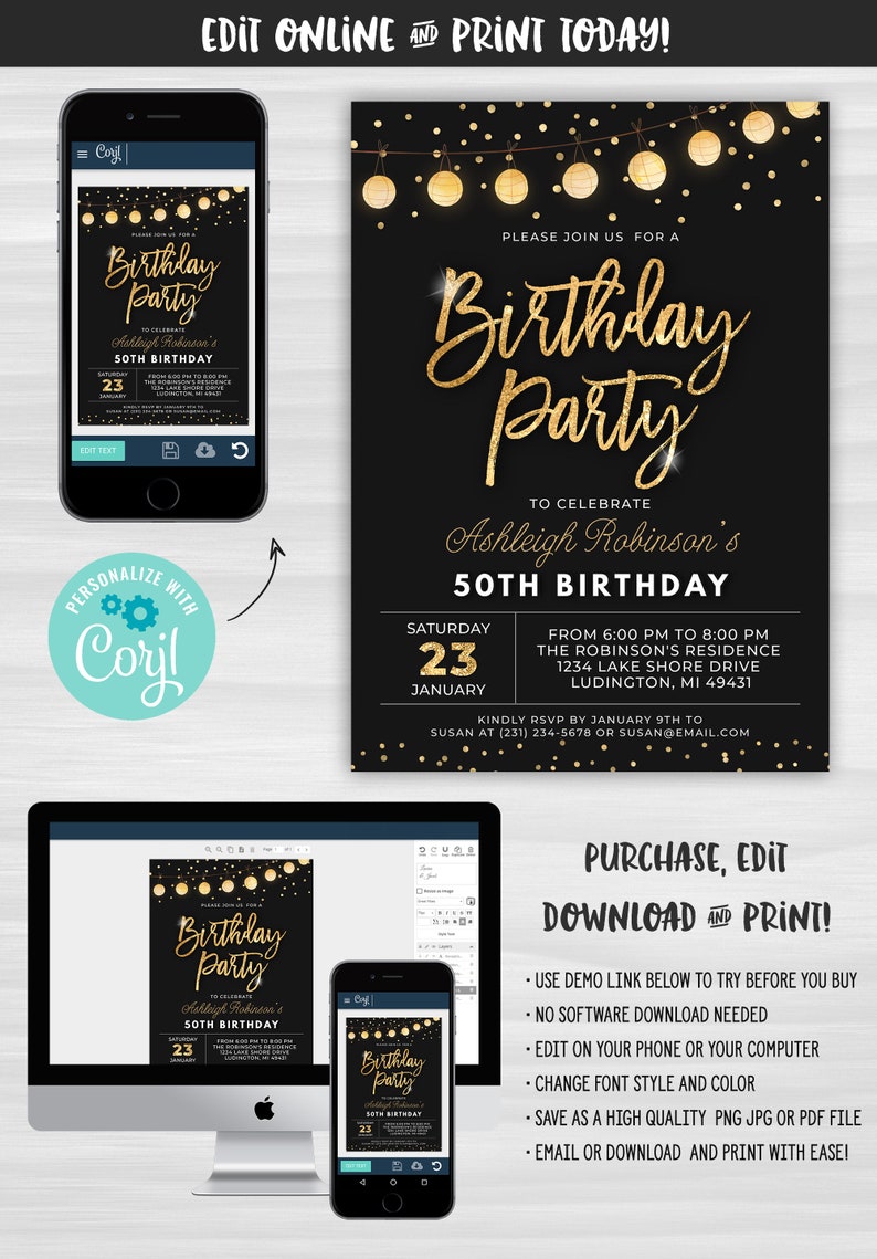 Birthday Party Invitation Elegant Invite Black and Gold Sparkle Glitter Confetti Birthday Party Digital INSTANT DOWNLOAD Editable B95 image 6