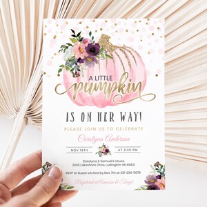 Editable Little Pumpkin Baby Shower Invitation - Pink & Gold Floral - Fall Baby Shower Invites - Autumn Fall - Digital Download BBS16