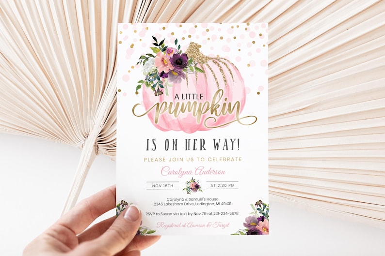 Editable Little Pumpkin Baby Shower Invitation - Pink & Gold Floral - Fall Baby Shower Invites - Autumn Fall - Digital Download BBS16