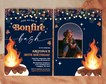 Modern Backyard Bonfire Invitation - Fall Campfire Birthday Party Photo Invite - Outdoor Bonfire Bash Party - Digital Download - 0421 10