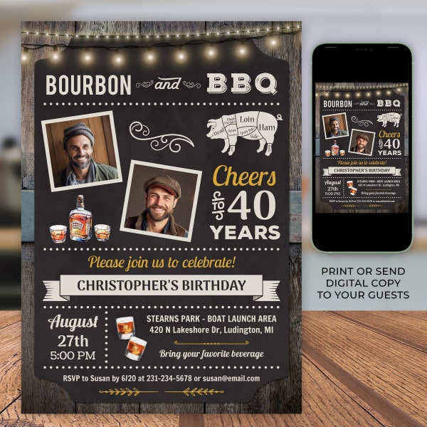 Any Age, Bourbon and BBQ 2 Photo Invite - Rustic Bourbon Barbecue Birthday Party Invitation - Digital Download 5x7 Editable CBBP