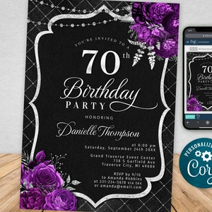 70th Birthday Invitation Template - Elegant Invite - Black with Silver Glitter and Purple Roses - Instant Download BPR BP121